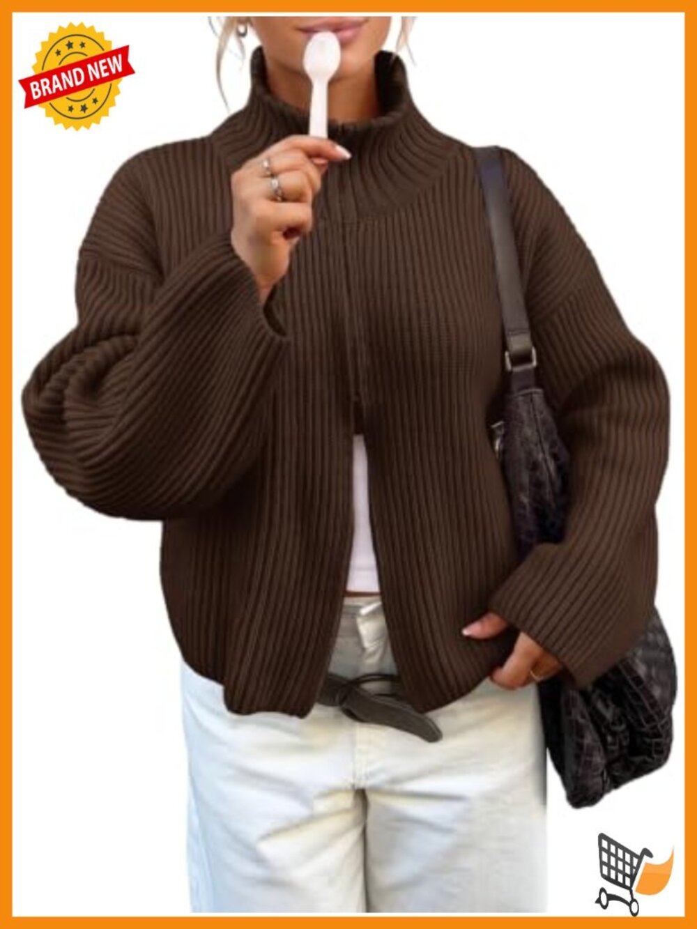 Womens Chunky Ribbed Knit Zip Up Cardigan Mock Neck Sweater